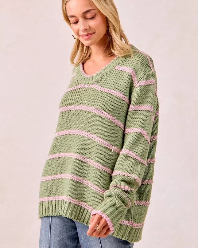 BiBi Striped Long Sleeve Sweater - Sleekdenim.com
