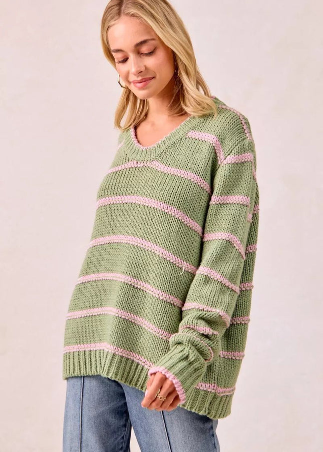 BiBi Striped Long Sleeve Sweater - Sleekdenim.com