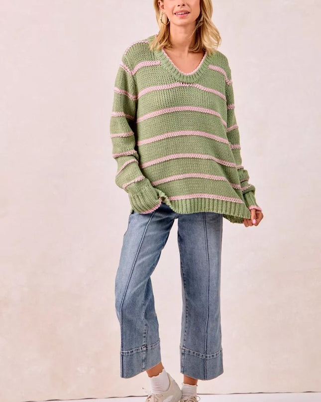 BiBi Striped Long Sleeve Sweater - Sleekdenim.com
