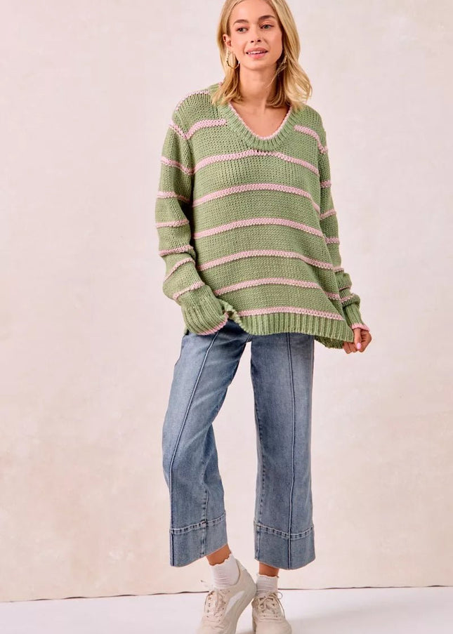 BiBi Striped Long Sleeve Sweater - Sleekdenim.com