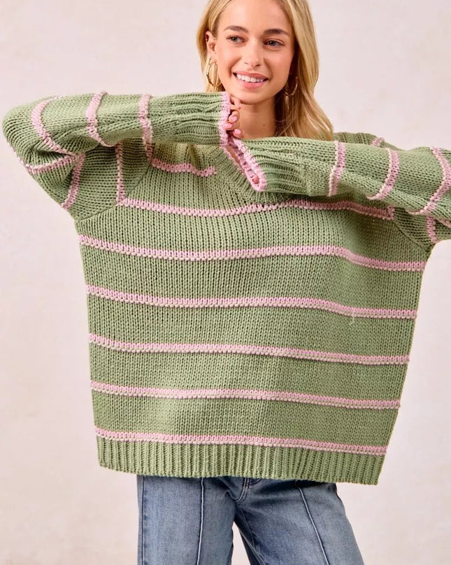 BiBi Striped Long Sleeve Sweater - Sleekdenim.com