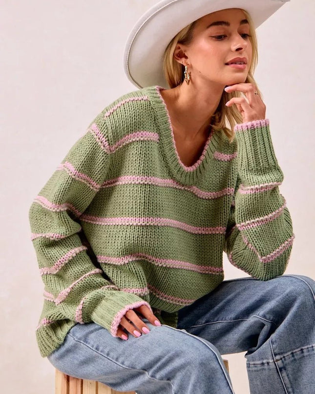 BiBi Striped Long Sleeve Sweater - Sleekdenim.com