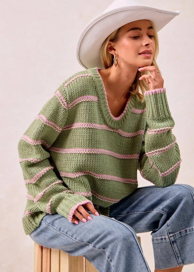 BiBi Striped Long Sleeve Sweater - Sleekdenim.com
