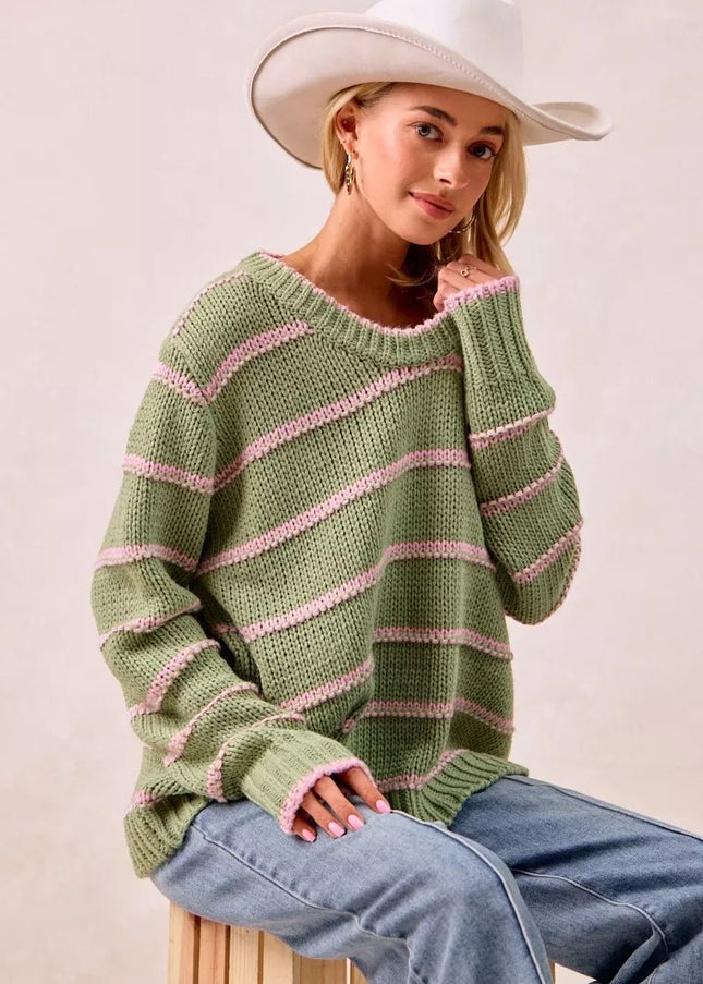 BiBi Striped Long Sleeve Sweater - Sleekdenim.com