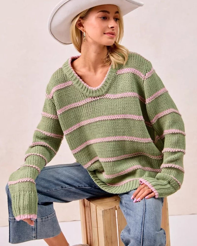 BiBi Striped Long Sleeve Sweater - Sleekdenim.com