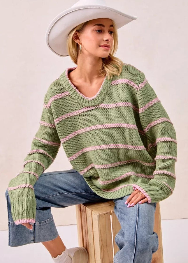 BiBi Striped Long Sleeve Sweater - Sleekdenim.com