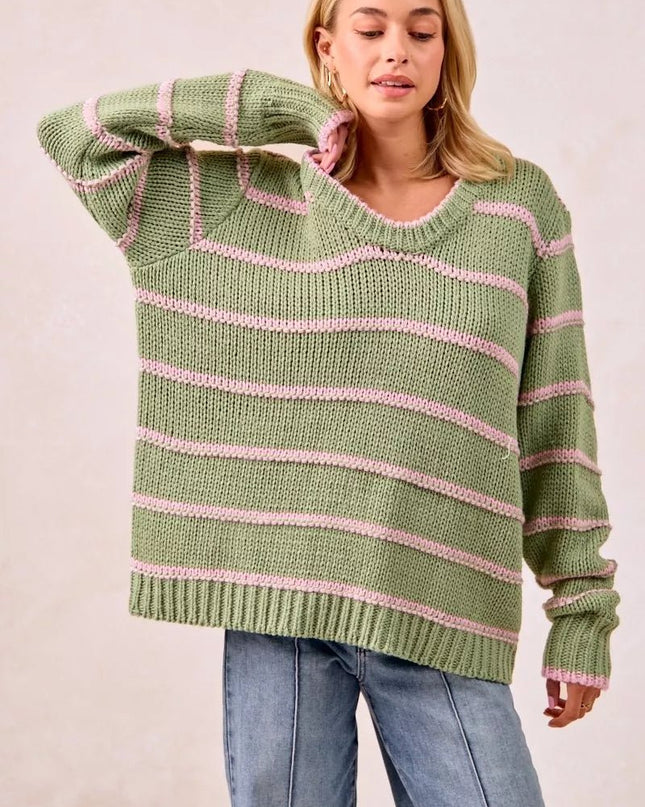 BiBi Striped Long Sleeve Sweater - Sleekdenim.com