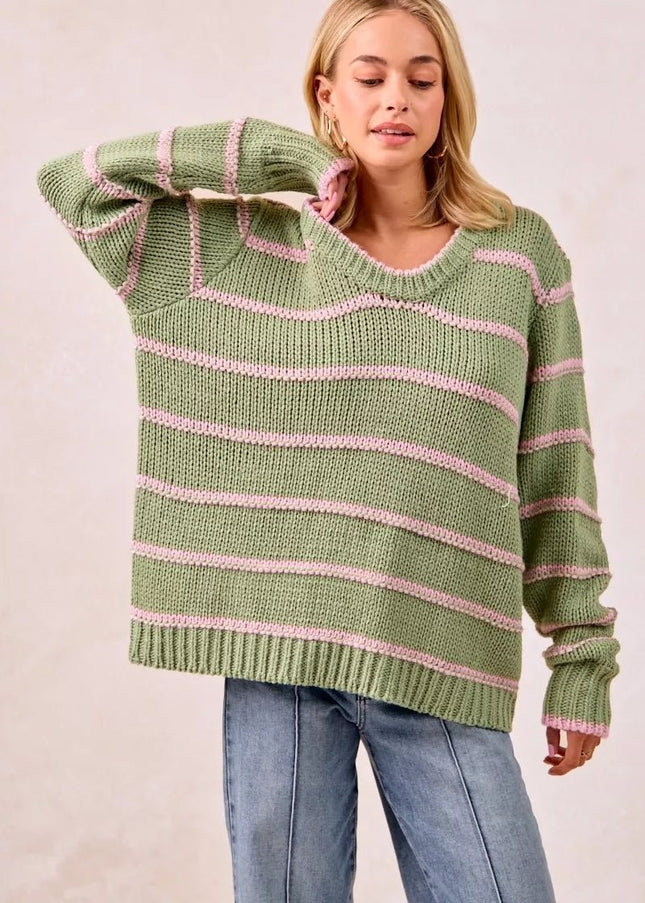 BiBi Striped Long Sleeve Sweater - Sleekdenim.com