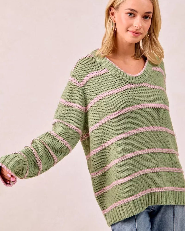 BiBi Striped Long Sleeve Sweater - Sleekdenim.com