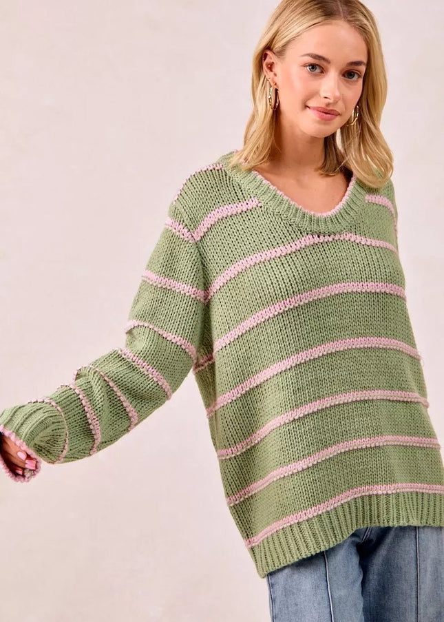 BiBi Striped Long Sleeve Sweater - Sleekdenim.com