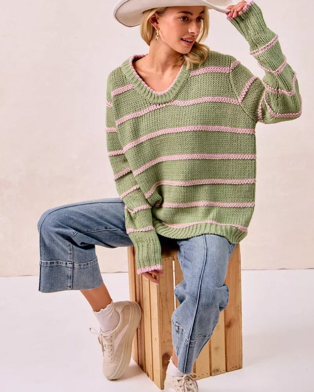 BiBi Striped Long Sleeve Sweater - Sleekdenim.com