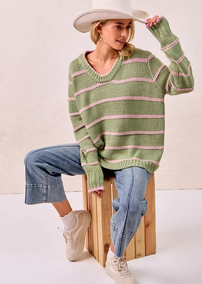 BiBi Striped Long Sleeve Sweater - Sleekdenim.com