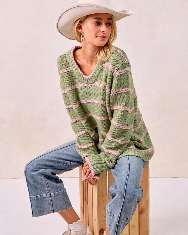 BiBi Striped Long Sleeve Sweater - Sleekdenim.com