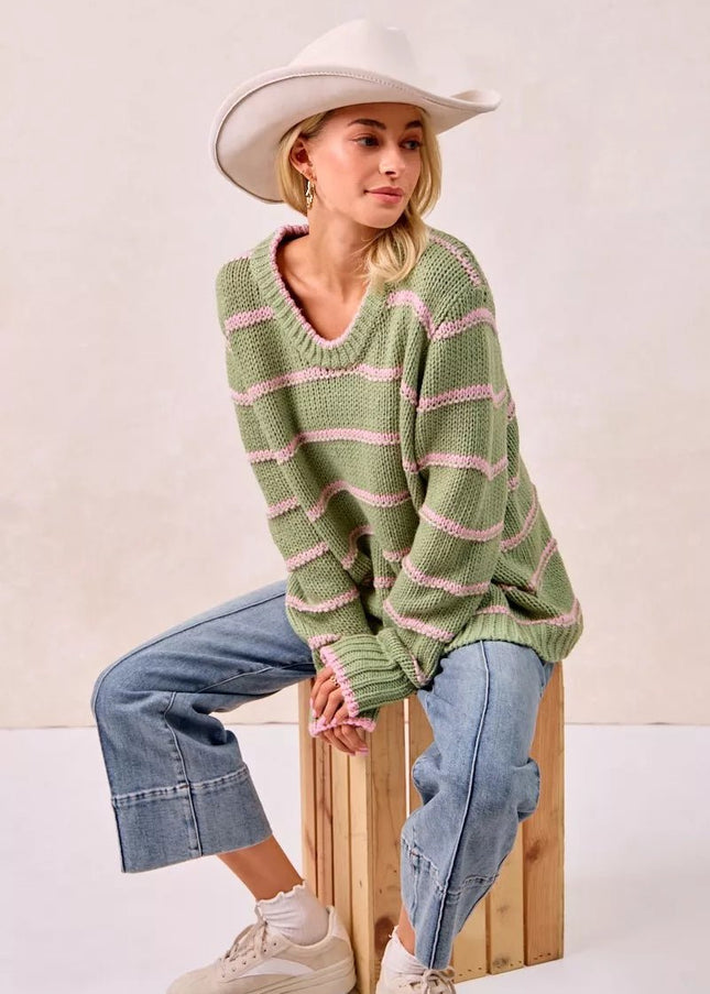 BiBi Striped Long Sleeve Sweater - Sleekdenim.com