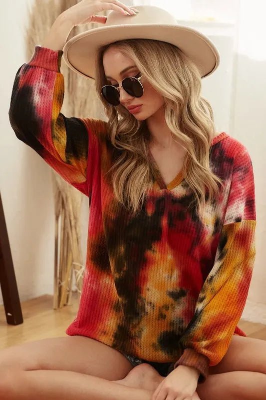 BiBi Tie Dye Brushed Waffle Top With Bubble Sleeves - Sleekdenim.com