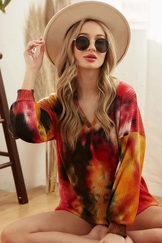 BiBi Tie Dye Brushed Waffle Top With Bubble Sleeves - Sleekdenim.com