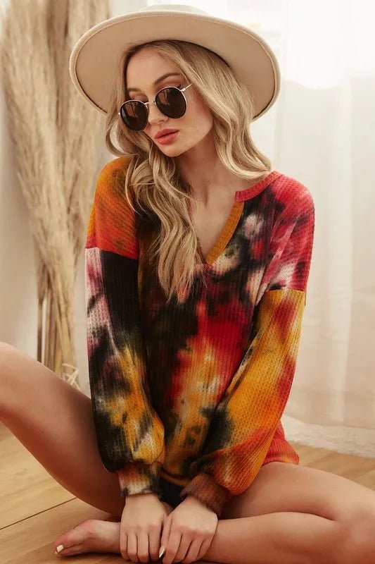 BiBi Tie Dye Brushed Waffle Top With Bubble Sleeves - Sleekdenim.com