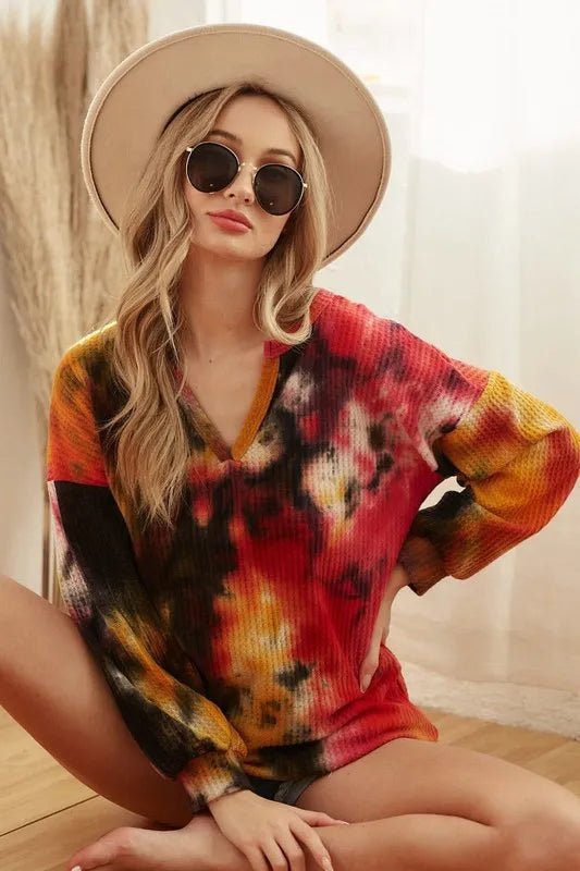 BiBi Tie Dye Brushed Waffle Top With Bubble Sleeves - Sleekdenim.com