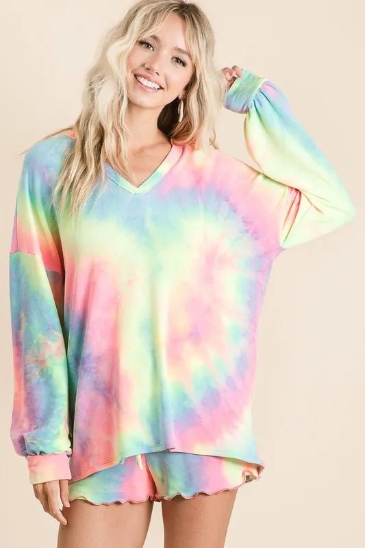 BiBi Tie Dye French Terry Top With Balloon Sleeves - Sleekdenim.com