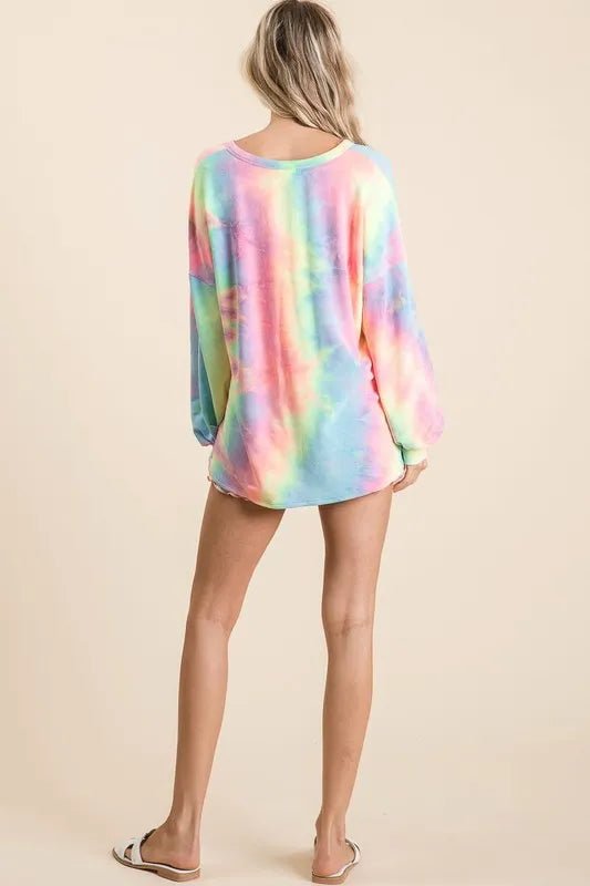 BiBi Tie Dye French Terry Top With Balloon Sleeves - Sleekdenim.com