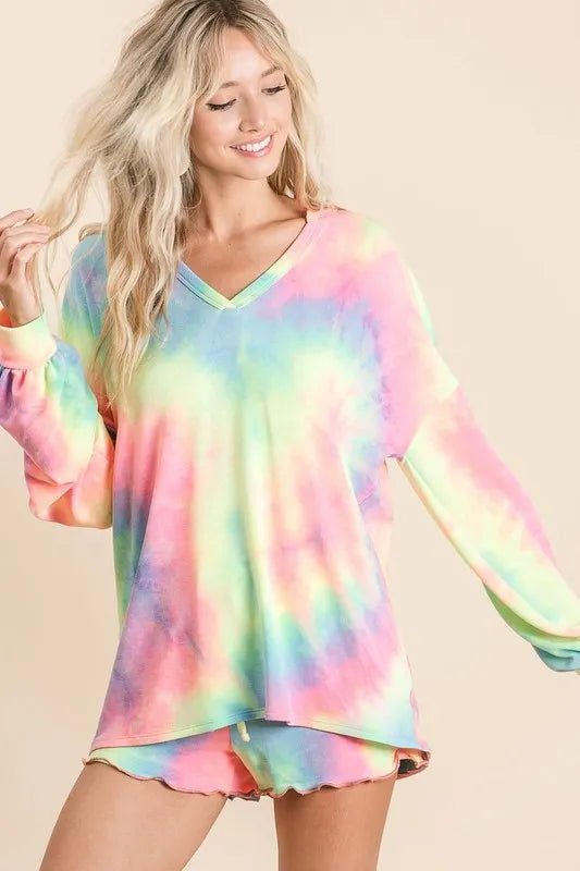 BiBi Tie Dye French Terry Top With Balloon Sleeves - Sleekdenim.com