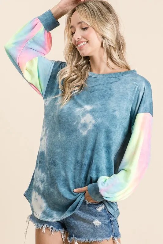 BiBi Tie Dye French Terry Top With Contrast Tie Dye - Sleekdenim.com