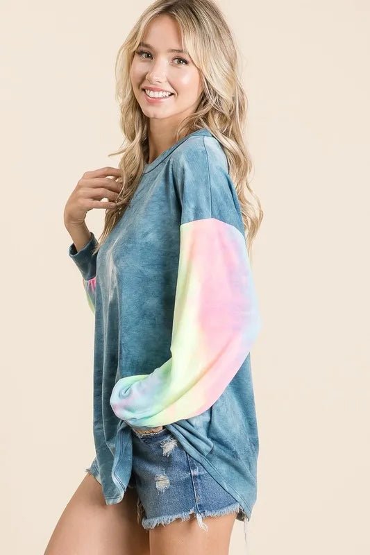 BiBi Tie Dye French Terry Top With Contrast Tie Dye - Sleekdenim.com