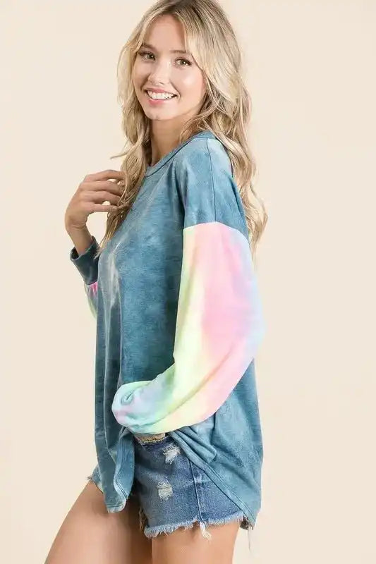 BiBi Tie Dye French Terry Top With Contrast Tie Dye