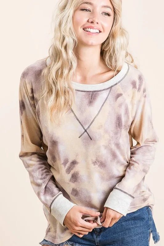 BiBi Tie Dye Terry Pull Over With Contrast Stitching - Sleekdenim.com