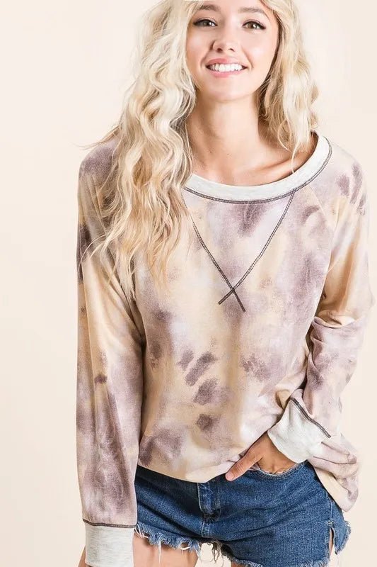 BiBi Tie Dye Terry Pull Over With Contrast Stitching - Sleekdenim.com