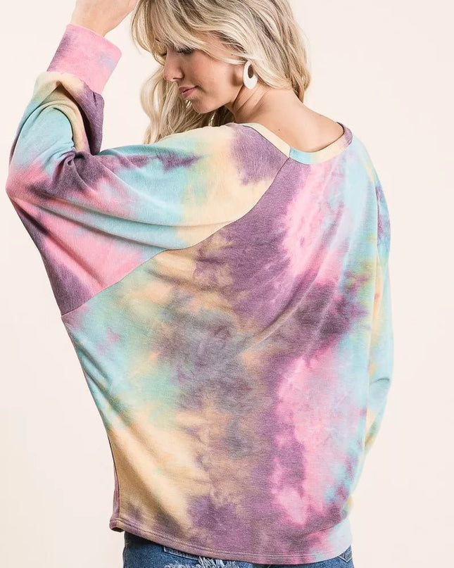 BiBi Tie Dye Terry Top With Dolman Sleeves - Sleekdenim.com