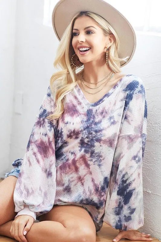 BiBi Tie - Dye V - Neck Long Sleeve Waffle Top - Sleekdenim.com