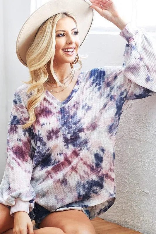 BiBi Tie - Dye V - Neck Long Sleeve Waffle Top - Sleekdenim.com