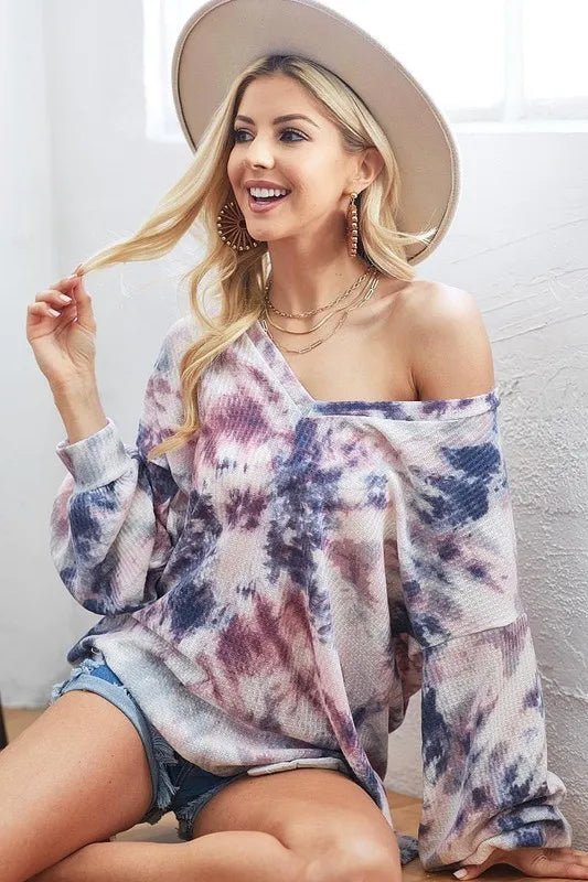BiBi Tie - Dye V - Neck Long Sleeve Waffle Top - Sleekdenim.com