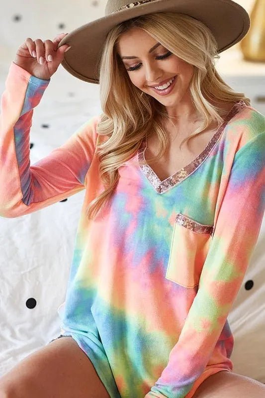 BiBi Tie Dye V - neck Terry Knit Top With Sequins - Sleekdenim.com