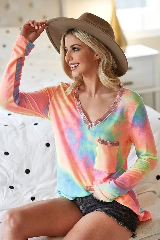 BiBi Tie Dye V - neck Terry Knit Top With Sequins - Sleekdenim.com