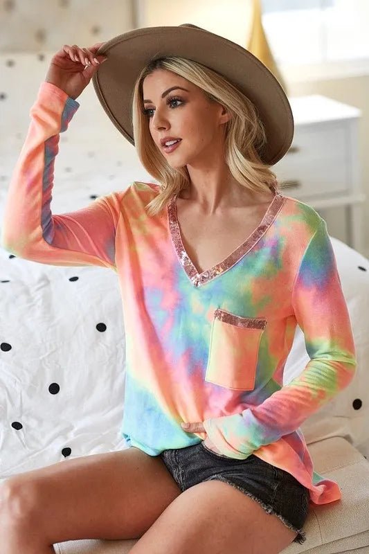 BiBi Tie Dye V - neck Terry Knit Top With Sequins - Sleekdenim.com