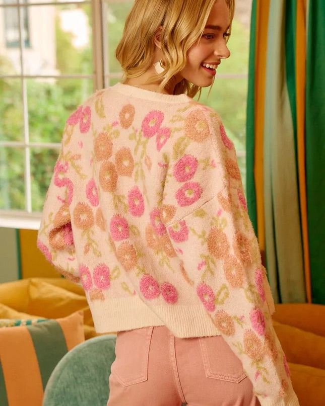 BiBi Towel Texture Floral Pattern Sweater - Sleekdenim.com