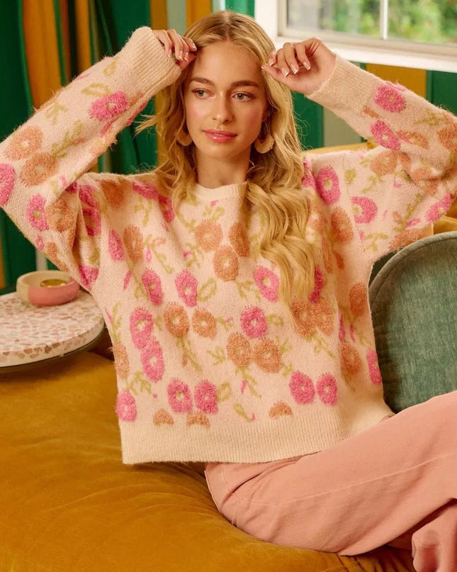 BiBi Towel Texture Floral Pattern Sweater - Sleekdenim.com