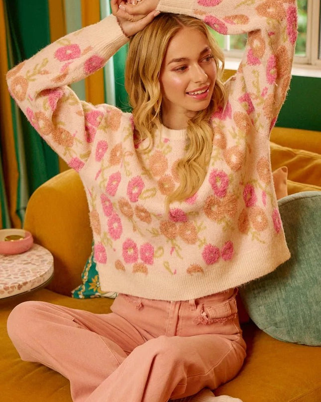 BiBi Towel Texture Floral Pattern Sweater - Sleekdenim.com
