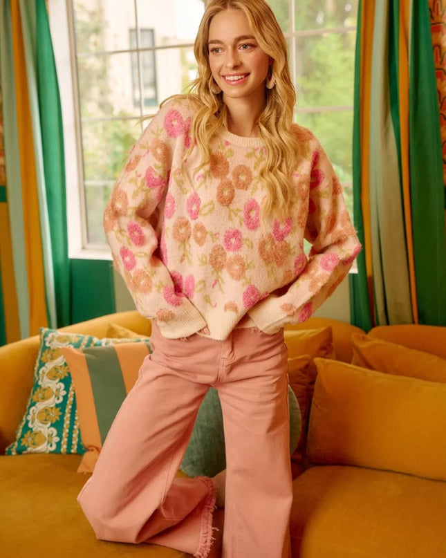 BiBi Towel Texture Floral Pattern Sweater - Sleekdenim.com