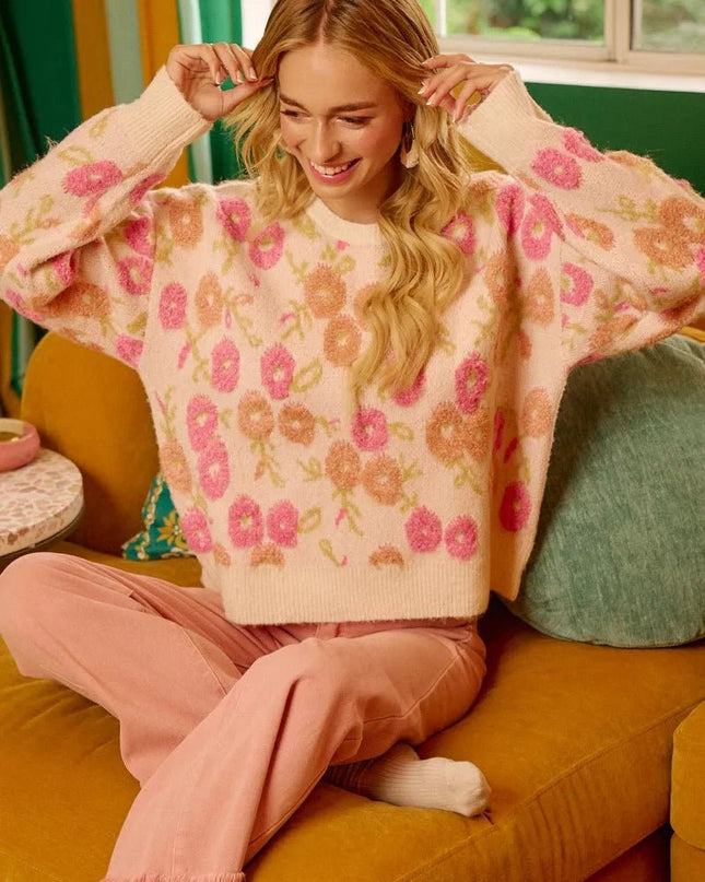 BiBi Towel Texture Floral Pattern Sweater - Sleekdenim.com