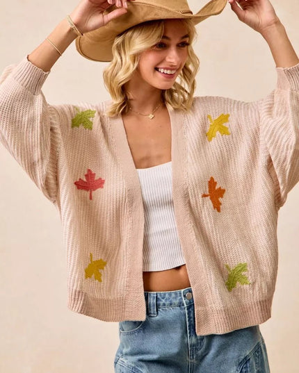 BiBi Two Tone Knit Cardigan with Leaf Patches - Sleekdenim.com