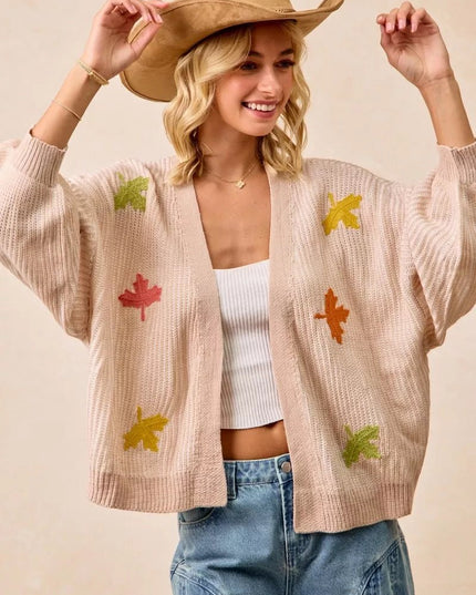 BiBi Two Tone Knit Cardigan with Leaf Patches - Sleekdenim.com
