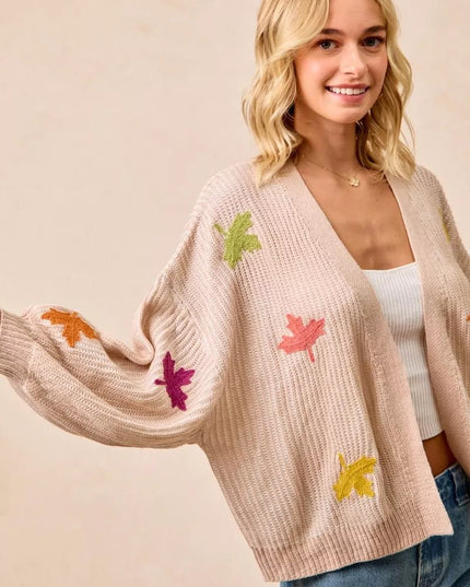 BiBi Two Tone Knit Cardigan with Leaf Patches - Sleekdenim.com