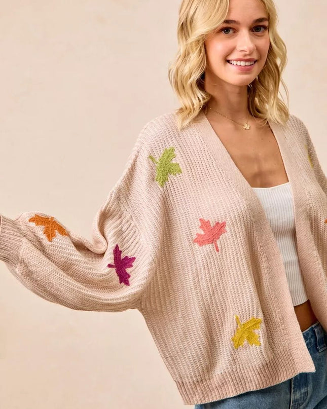 BiBi Two Tone Knit Cardigan with Leaf Patches - Sleekdenim.com