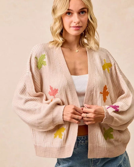 BiBi Two Tone Knit Cardigan with Leaf Patches - Sleekdenim.com