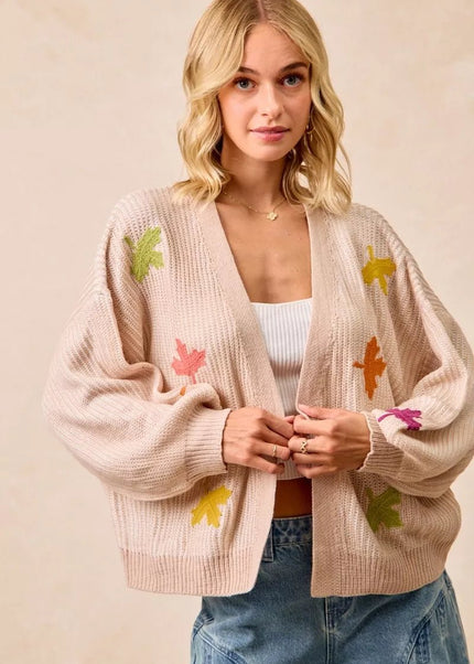 BiBi Two Tone Knit Cardigan with Leaf Patches - Sleekdenim.com
