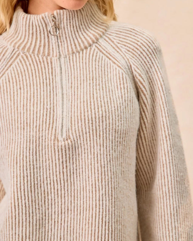 BiBi Two Tone Rib Texured Knit Collared Top with Zip Up - Sleekdenim.com