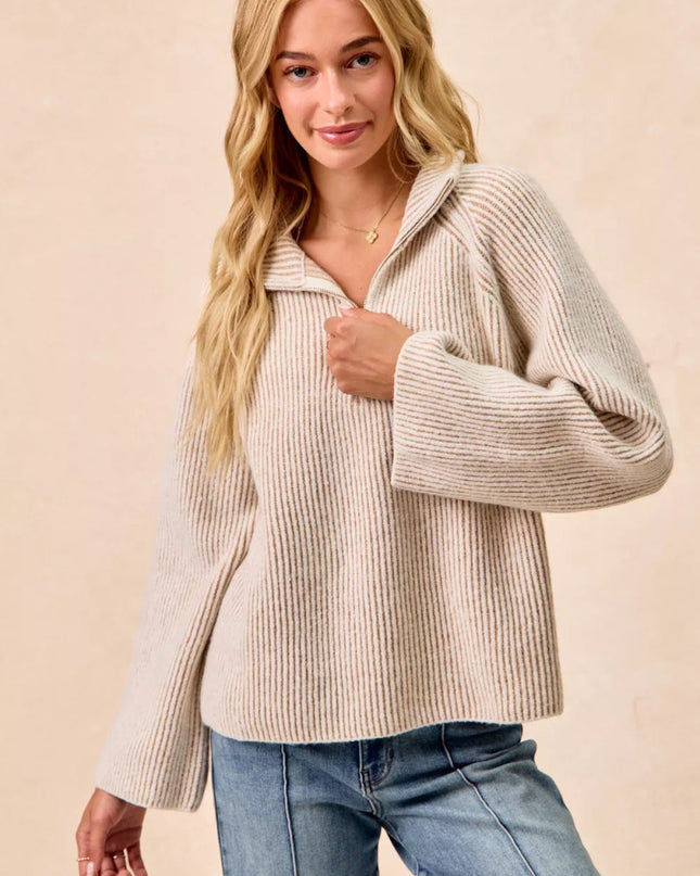 BiBi Two Tone Rib Texured Knit Collared Top with Zip Up - Sleekdenim.com